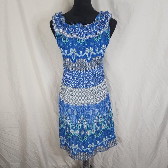 SUNNY LEIGH Size Small Blue Floral Sleeveless Pleated Rosette Ruffled Dress - Picture 5 of 10